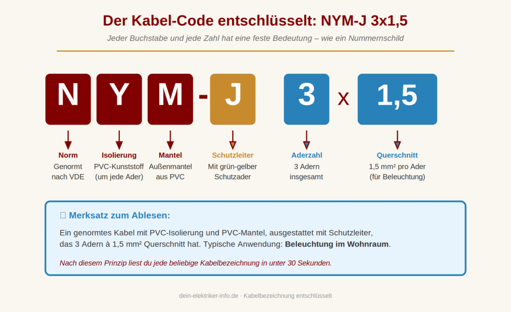 Kabel-Code NYM-J 3x1,5 Buchstabe f&uuml;r Buchstabe erkl&auml;rt